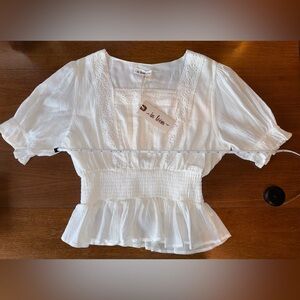 In Bloom White Lace-Trim Smocked Peplum Blouse